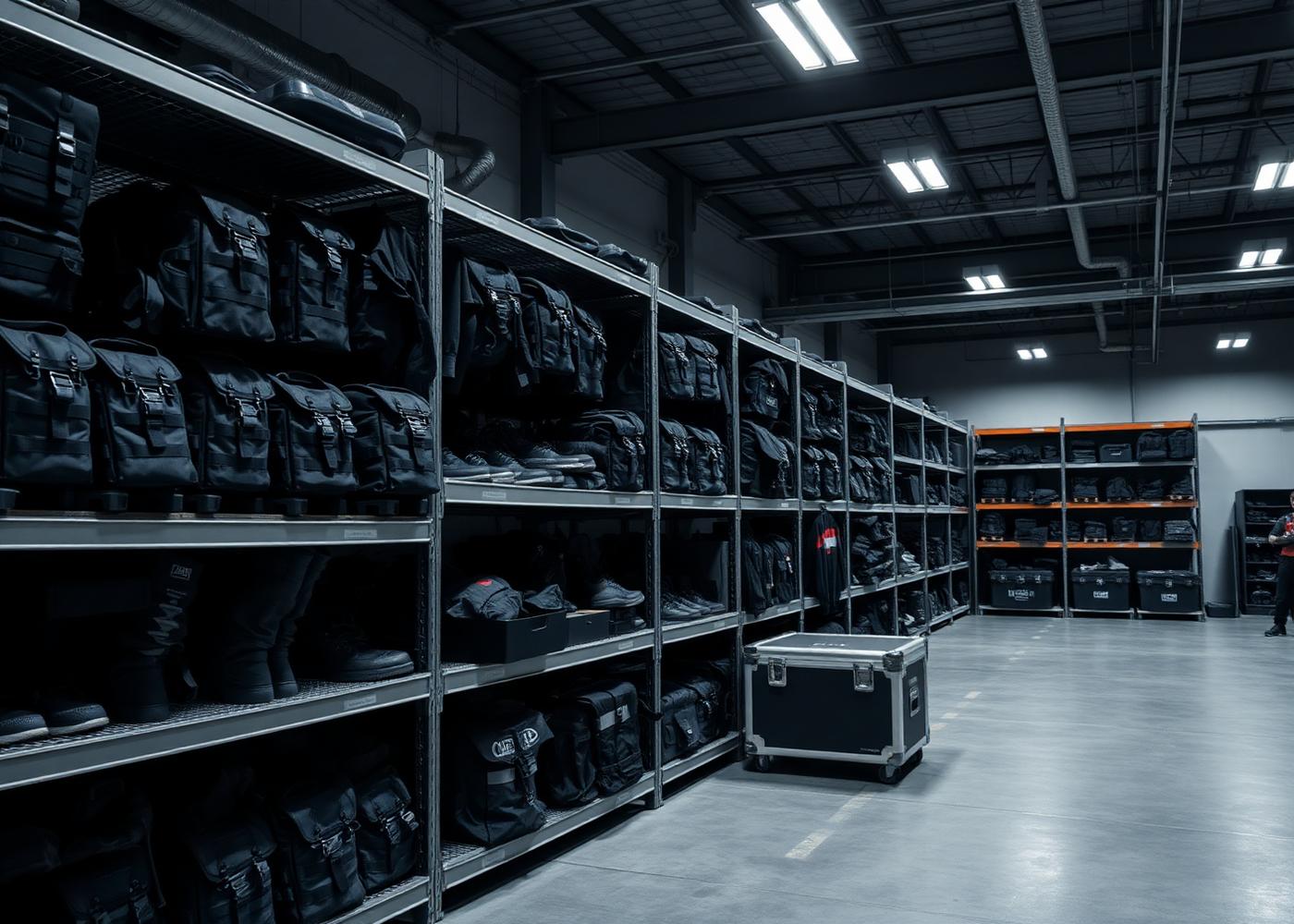 Organized black tactical packs, footwear and gear cases on steel shelving inside a clean industrial warehouse