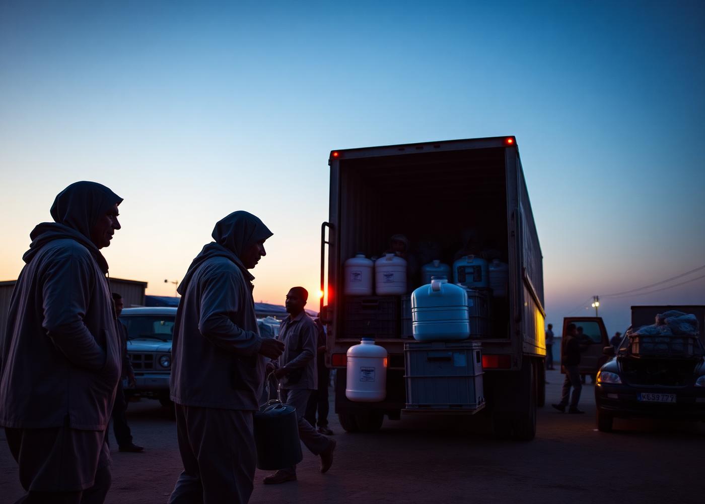 Aid workers unloading water containers and supply crates from a truck at dusk in a disaster relief staging area